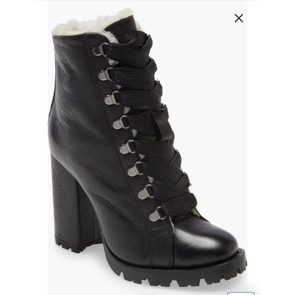 Schultz Zhara Black Lace Sherpa Stacked Lug Leather Boots 7 NEW $250 Moto Boho